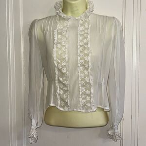 Antique/vintage white chiffon semi sheer long sleeve blouse with lace & pleats